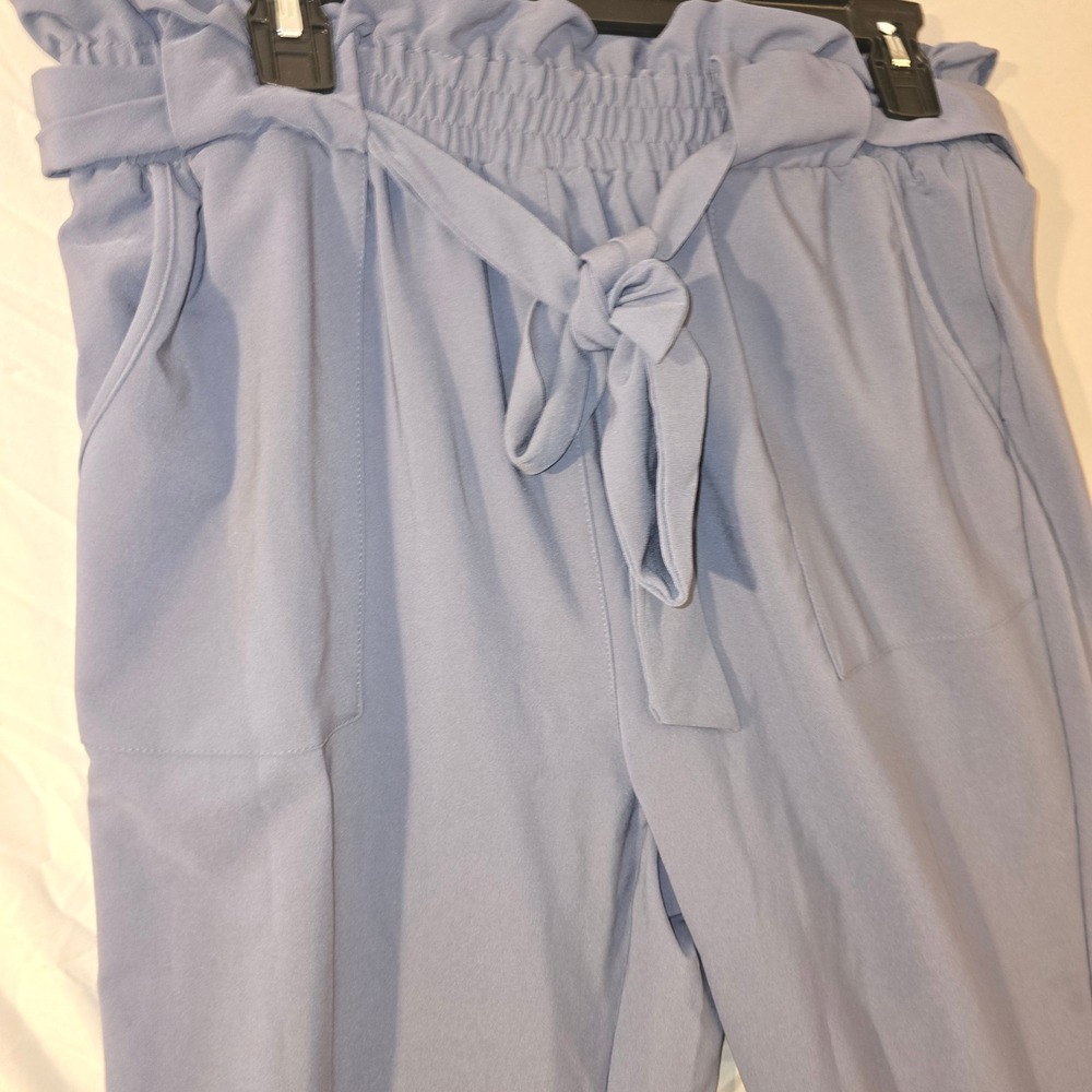 Grace Karin Paperbag Waist Pants XL Kids Dusty Blue Tie Belt Tapered Trousers - Picture 2 of 8